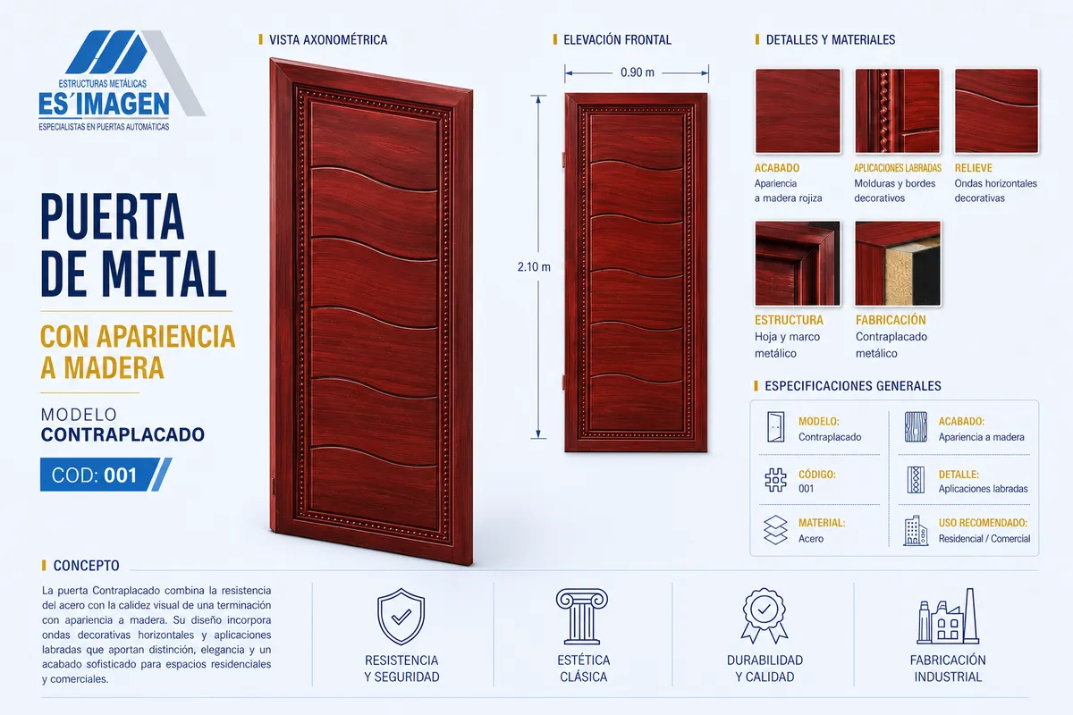 Ficha de la puerta de metal contraplacada con acabado tipo madera, modelo COD001