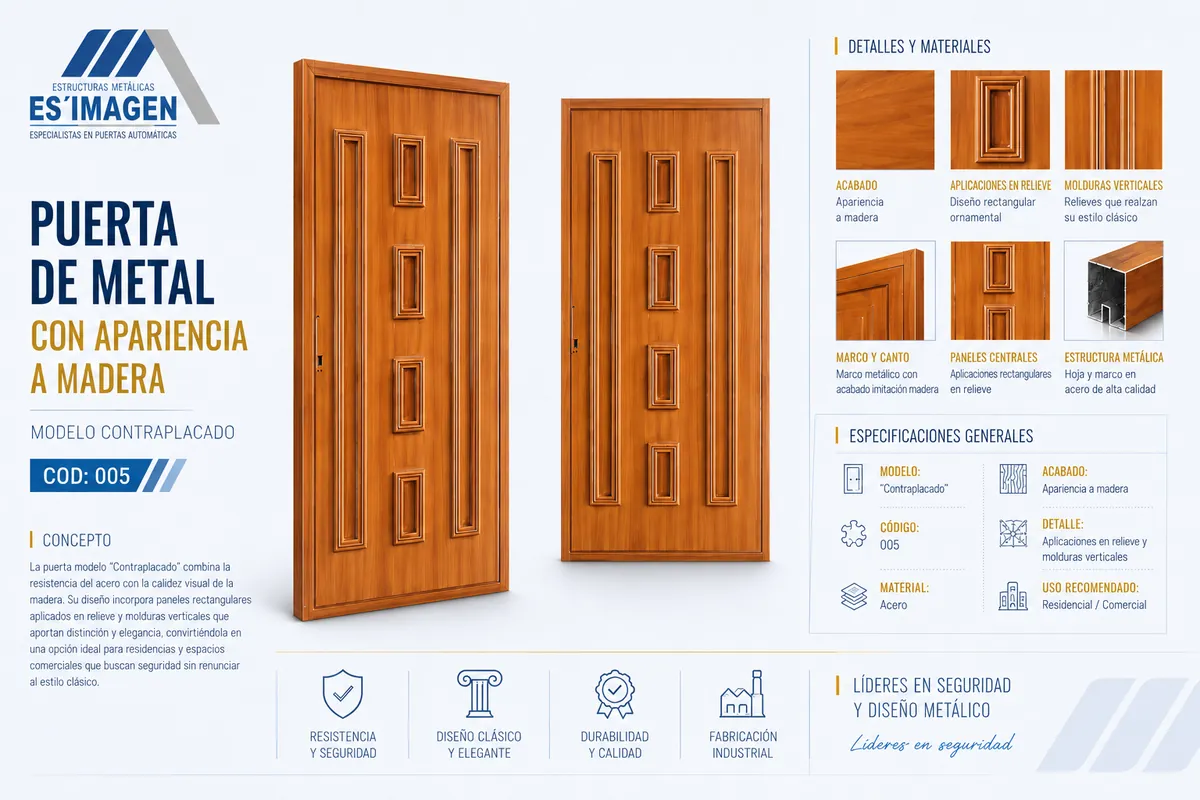 Ficha de la puerta de metal contraplacada con acabado tipo madera, modelo COD005