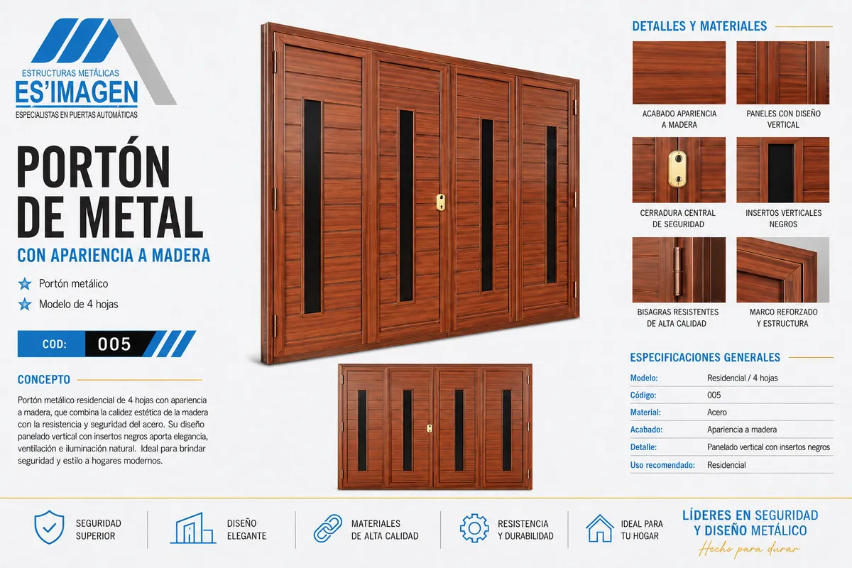 Ficha del portón de metal de 4 hojas con acabado tipo madera, modelo PCOD005