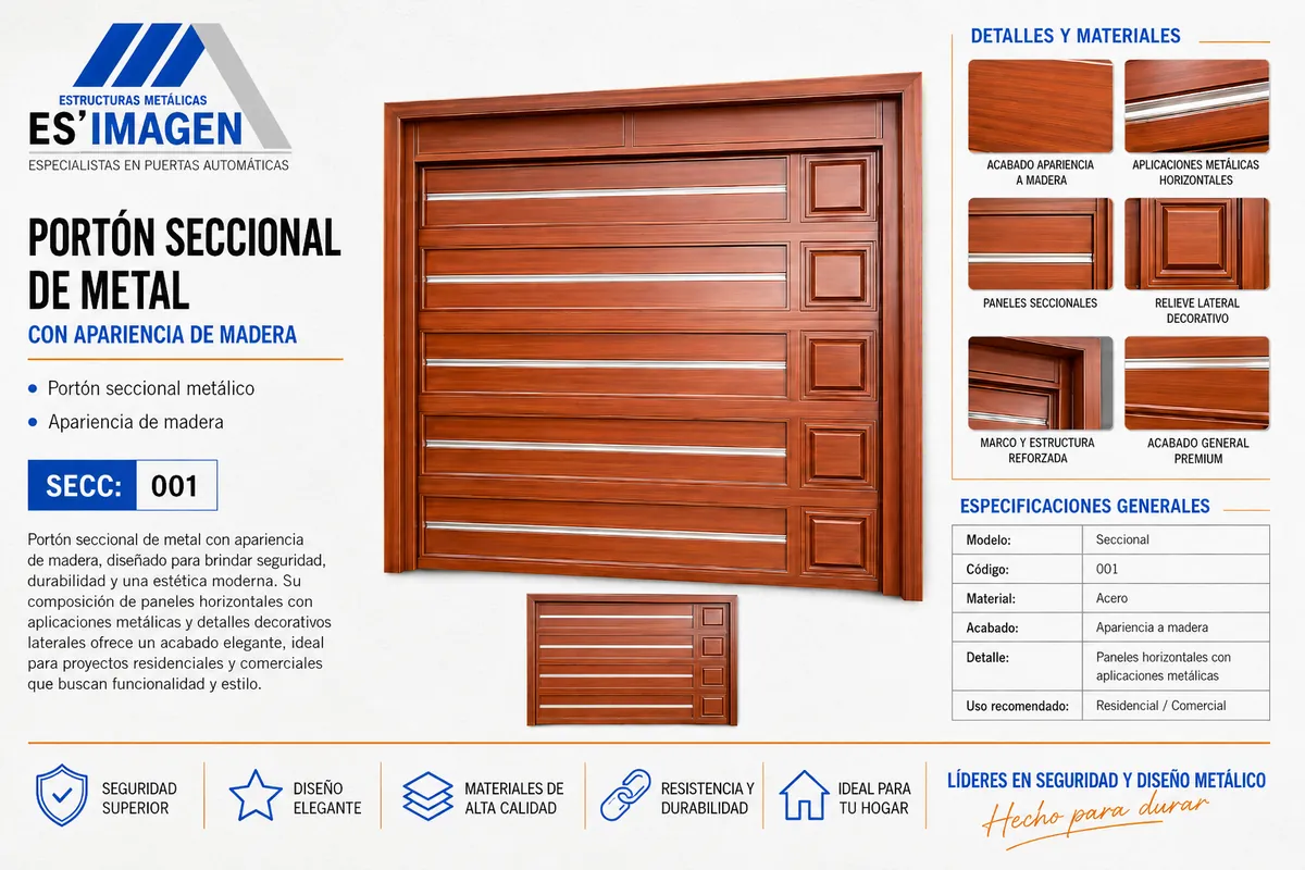 Ficha del portón seccional de metal con acabado tipo madera, modelo PSECC001